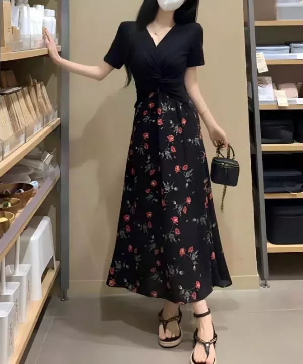 Korean Style Black Floral Dress