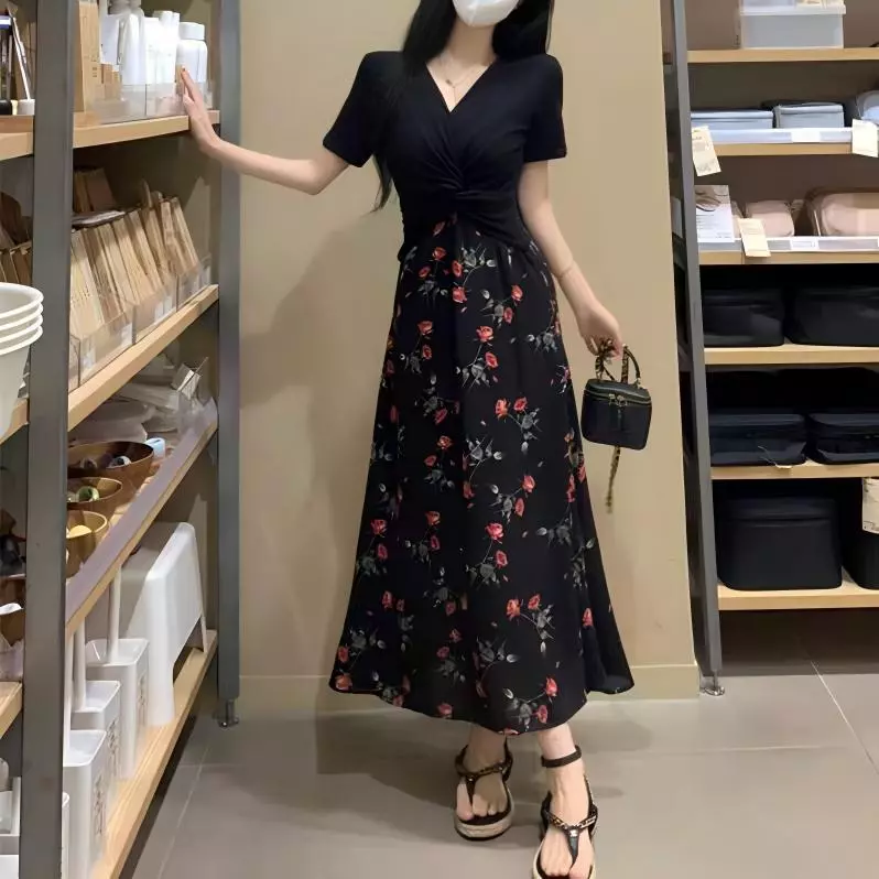 Korean Style Black Floral Dress