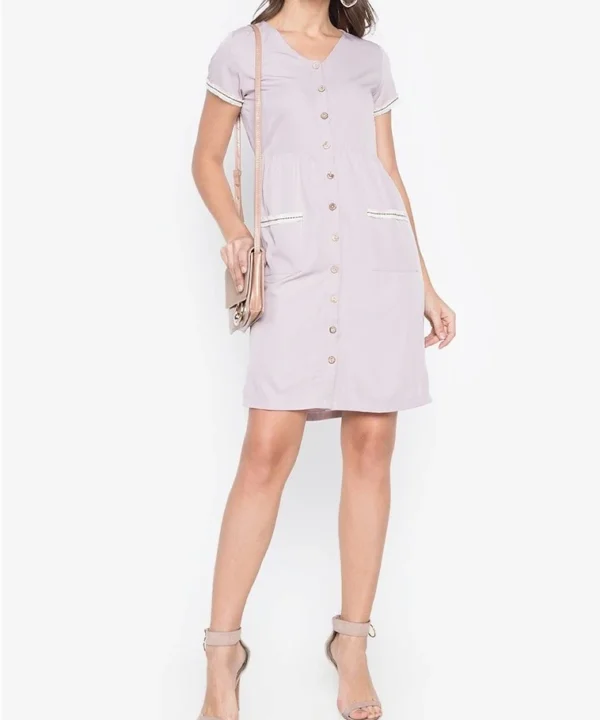 Cotton Blend Button Down V Neck Dress