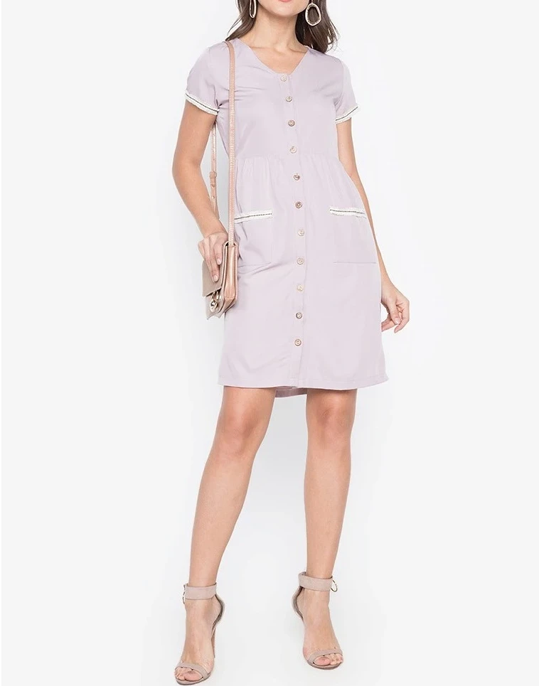 Cotton Blend Button Down V Neck Dress